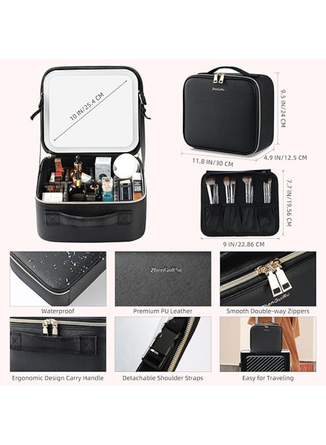 شنطة مكياج للسفر مع مراة مضيئة من زينجويرو، شنطة مكياج بـ 3 الوان لتنظيم مستحضرات التجميل وسطوع قابل للتعديل، صندوق تخزين مكياج محمول لفرش المكياج والاكسسوارات والادوات - Image 5