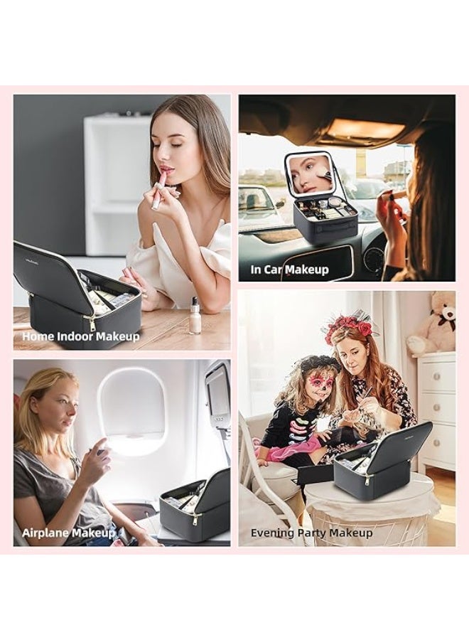 شنطة مكياج للسفر مع مراة مضيئة من زينجويرو، شنطة مكياج بـ 3 الوان لتنظيم مستحضرات التجميل وسطوع قابل للتعديل، صندوق تخزين مكياج محمول لفرش المكياج والاكسسوارات والادوات - Image 3