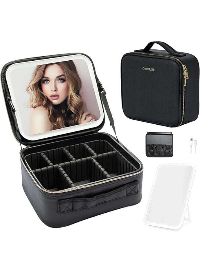 شنطة مكياج للسفر مع مراة مضيئة من زينجويرو، شنطة مكياج بـ 3 الوان لتنظيم مستحضرات التجميل وسطوع قابل للتعديل، صندوق تخزين مكياج محمول لفرش المكياج والاكسسوارات والادوات - Image 1