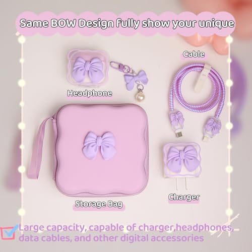 QLD COVER Charger Cover Storage Bag, Cute 3D Bow Tie Waves Design Charger Protector Travel Storage Case, Earphone Wire Saver Cable Cord Organizer Wireless Earphone Storage Box, Purple Bow - Image 4