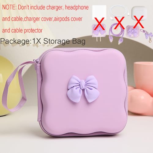 QLD COVER Charger Cover Storage Bag, Cute 3D Bow Tie Waves Design Charger Protector Travel Storage Case, Earphone Wire Saver Cable Cord Organizer Wireless Earphone Storage Box, Purple Bow - Image 2