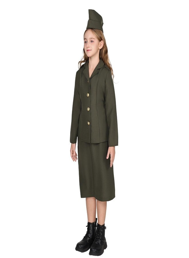 EraSpooky Girls WW2 Army Costume Kids 1940s Military Soldier Halloween Uniform with Jacket Skirt and Hat - Image 5