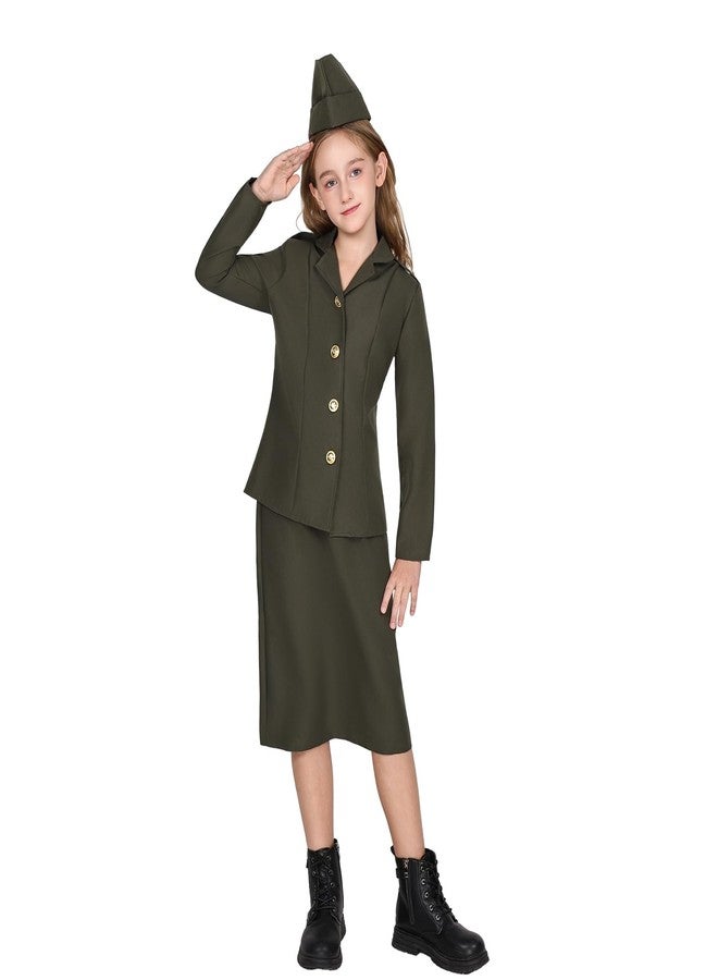 EraSpooky Girls WW2 Army Costume Kids 1940s Military Soldier Halloween Uniform with Jacket Skirt and Hat - Image 2