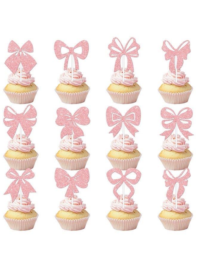 24 Pcs Pink Bow Cupcake Toppers, Birthday Pink Themed Party Decoration, Bow Cake Photo Props Wedding, Bow Insert Flag Paper Cup Props Party Supplies  - Image 1