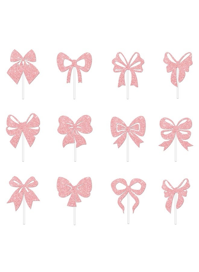 24 Pcs Pink Bow Cupcake Toppers, Birthday Pink Themed Party Decoration, Bow Cake Photo Props Wedding, Bow Insert Flag Paper Cup Props Party Supplies  - Image 2