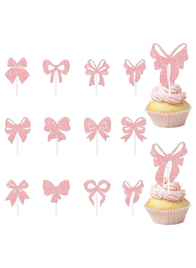 24 Pcs Pink Bow Cupcake Toppers, Birthday Pink Themed Party Decoration, Bow Cake Photo Props Wedding, Bow Insert Flag Paper Cup Props Party Supplies  - Image 3