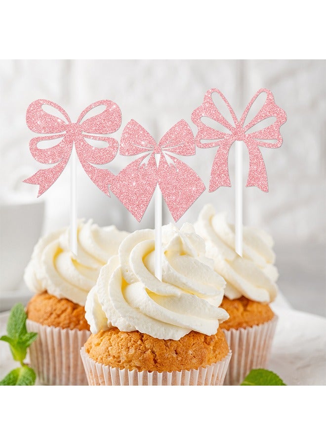 24 Pcs Pink Bow Cupcake Toppers, Birthday Pink Themed Party Decoration, Bow Cake Photo Props Wedding, Bow Insert Flag Paper Cup Props Party Supplies  - Image 5