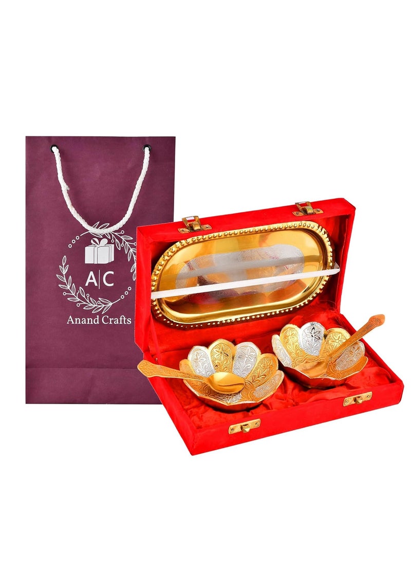 AC ANAND CRAFTS AC ANAND CRAFTS Silver Gold Plated German Silver Bowl Set of 5Pcs with Free Carry Bag with Beautiful Red Velvet Box Lotus Flower Shape Diwali Rakhi Gift  - Image 1