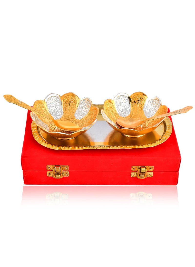 AC ANAND CRAFTS AC ANAND CRAFTS Silver Gold Plated German Silver Bowl Set of 5Pcs with Free Carry Bag with Beautiful Red Velvet Box Lotus Flower Shape Diwali Rakhi Gift  - Image 5