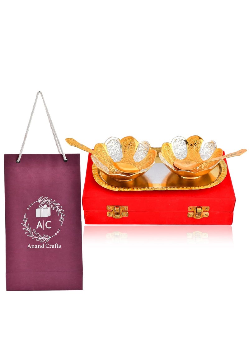 AC ANAND CRAFTS AC ANAND CRAFTS Silver Gold Plated German Silver Bowl Set of 5Pcs with Free Carry Bag with Beautiful Red Velvet Box Lotus Flower Shape Diwali Rakhi Gift  - Image 3