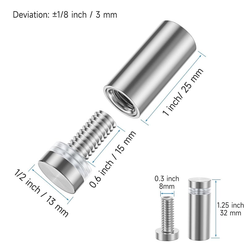 LuckIn 8 Pack Standoff Screws for Acrylic (1/2 in. Dia x 1 in. L), Stainless Steel Stand Off Wall Mounts Hardware for Sign Holder, Silver - Image 2