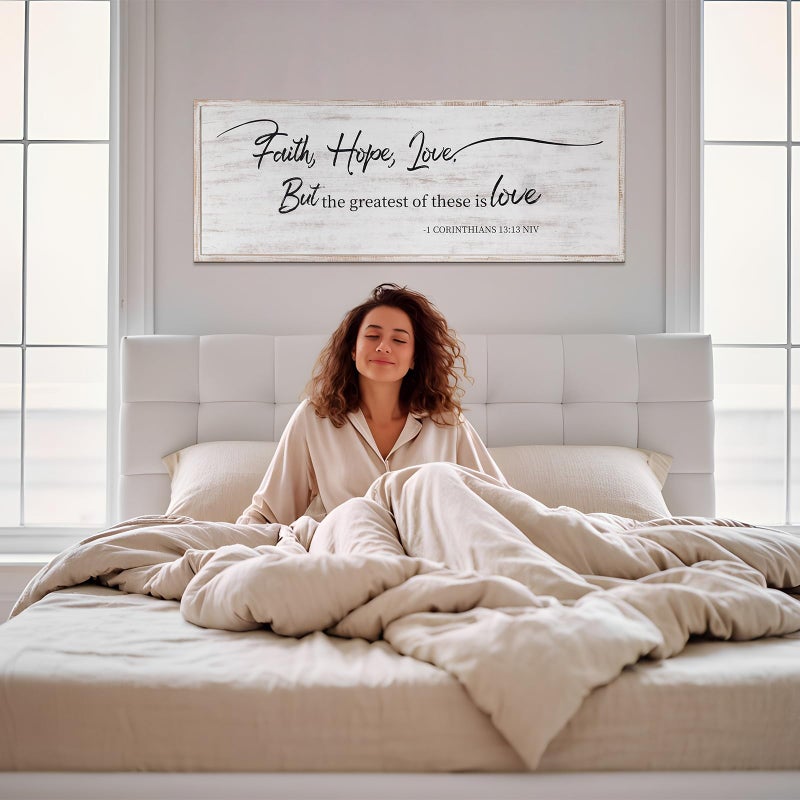 Easozoom Faith Hope and Love Bible Verses Framed Wall Sign For Family Living Room Kitchen Farmhouse Dining Room Vintage Boho Wall Art Decoration For Living Room Bedroom, 40 x 15 Inch, White - Image 4