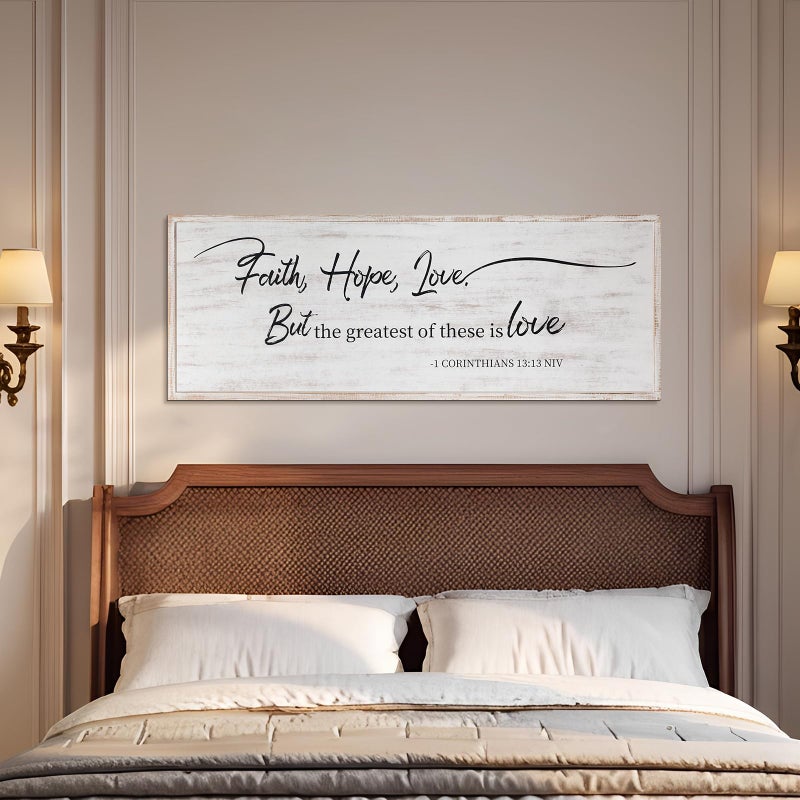 Easozoom Faith Hope and Love Bible Verses Framed Wall Sign For Family Living Room Kitchen Farmhouse Dining Room Vintage Boho Wall Art Decoration For Living Room Bedroom, 40 x 15 Inch, White - Image 1