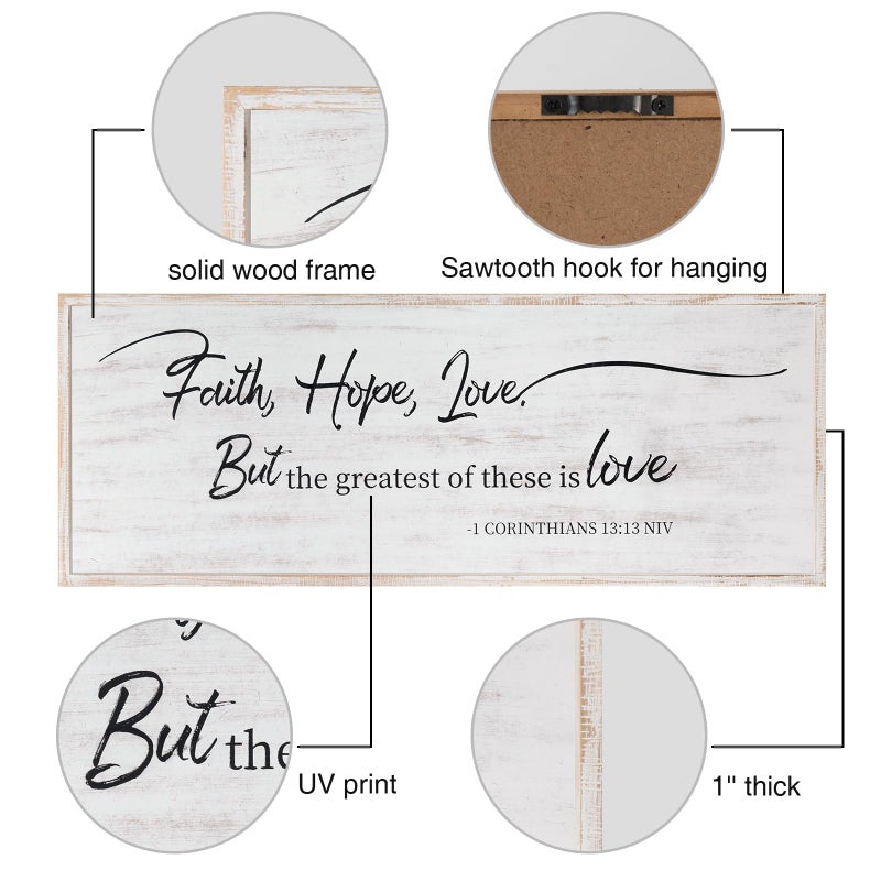 Easozoom Faith Hope and Love Bible Verses Framed Wall Sign For Family Living Room Kitchen Farmhouse Dining Room Vintage Boho Wall Art Decoration For Living Room Bedroom, 40 x 15 Inch, White - Image 2