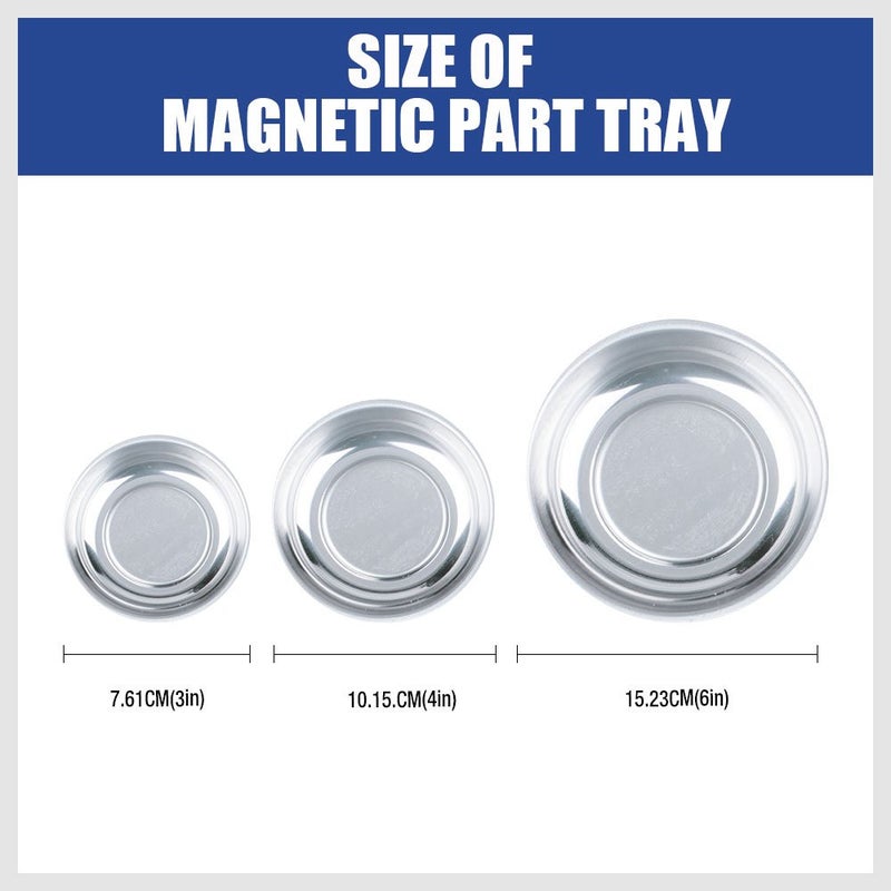 HORUSDY Magnetic Tray | 3-Piece | Round Magnetic Parts Tray | 3 Inch 4 Inch 6 Inch Magnetic Tray for Mechanic's | Stainless Steel - Image 3