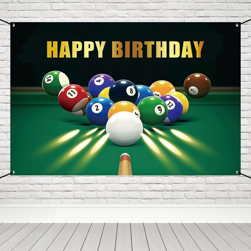Renaiss 6x36ft Happy Birthday Banner Billiards KickOff Party Decoration Snooker Pool Balls Black Green Photocall Background Car Wall Decors for Man Woman Boy Bday Yard Sign Party Supplies - Image 1