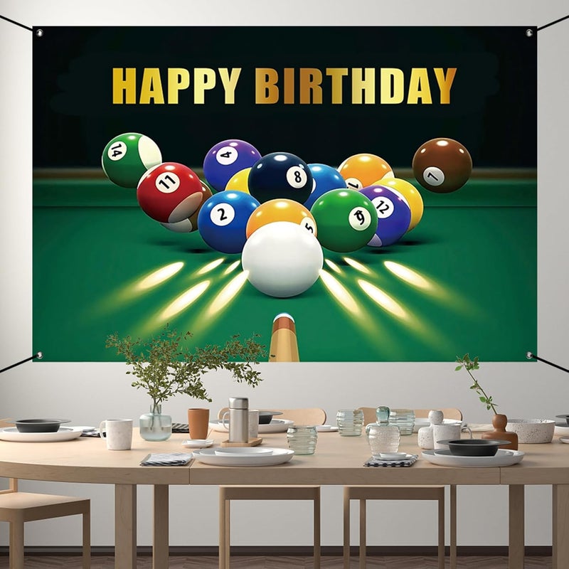 Renaiss 6x36ft Happy Birthday Banner Billiards KickOff Party Decoration Snooker Pool Balls Black Green Photocall Background Car Wall Decors for Man Woman Boy Bday Yard Sign Party Supplies - Image 3