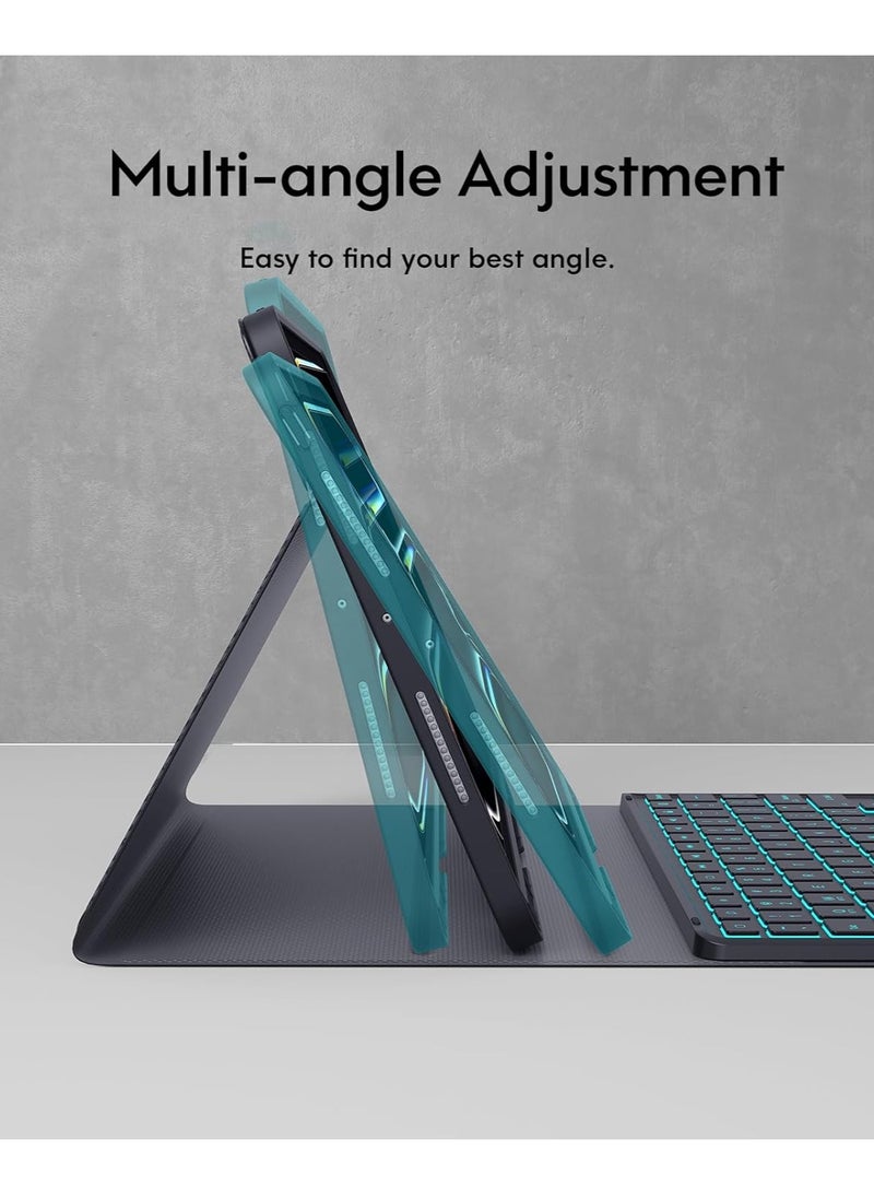 حافظة لجهاز iPad Pro مقاس 11 بوصة مع لوحة مفاتيح (M4) 2024، لوحة مفاتيح مغناطيسية قابلة للفصل مع إضاءة خلفية، قناتان لاسلكيتان، لوحة لمس وحامل قلم رصاص، حافظة بفتحات دقيقة لجهاز iPad Pro مقاس 11 بوصة، أسود