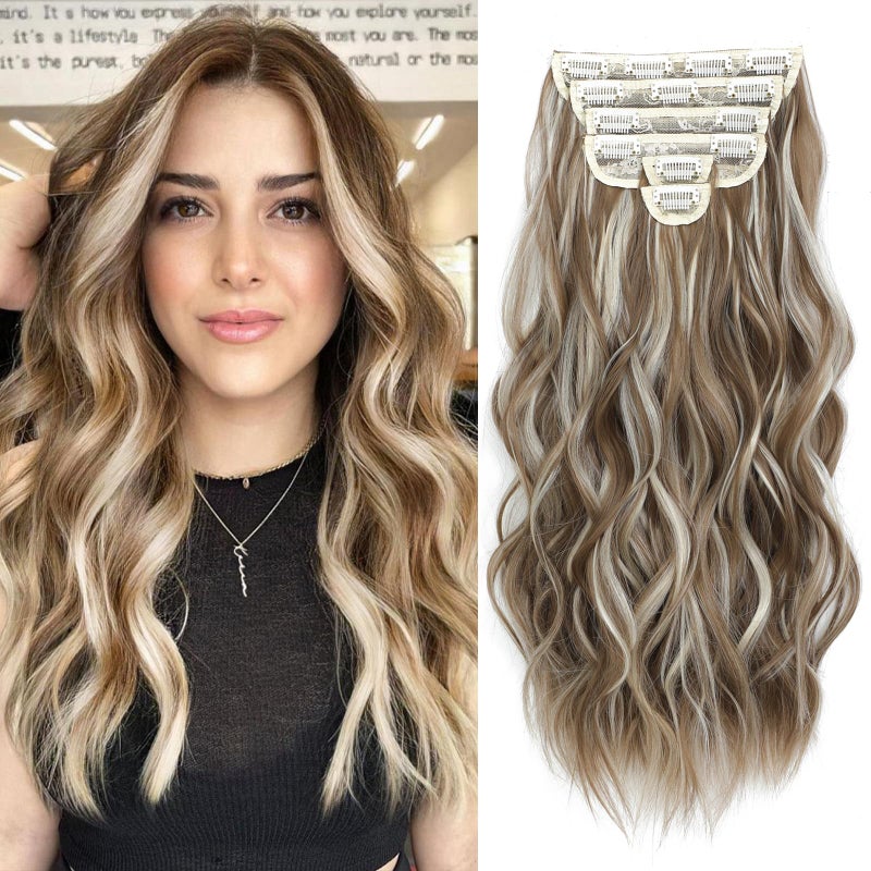Fliace Clip in Hair Extensions for Women Brown with Blonde Highlights Long Wavy Hair Extensions Clip Ins 6PCS 20 Inch Synthetic Soft and Natural Thick Hair Pieces for Women - Image 1