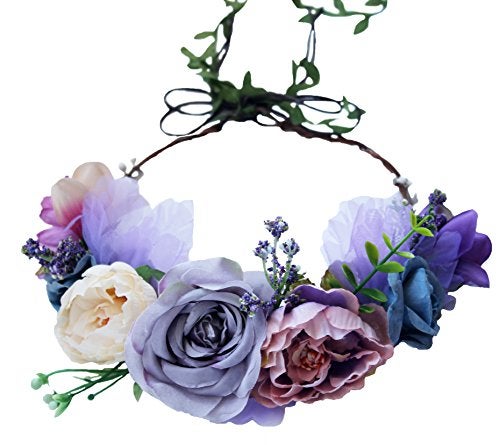 Vivivalue Boho Flower Crown Adjustable Flower Headband Hair Wreath Floral Headpiece Halo with Ribbon Wedding Party Festival Photos Lavander - Image 1