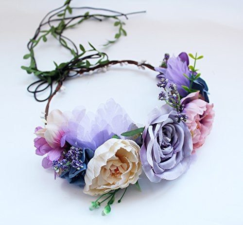 Vivivalue Boho Flower Crown Adjustable Flower Headband Hair Wreath Floral Headpiece Halo with Ribbon Wedding Party Festival Photos Lavander - Image 3