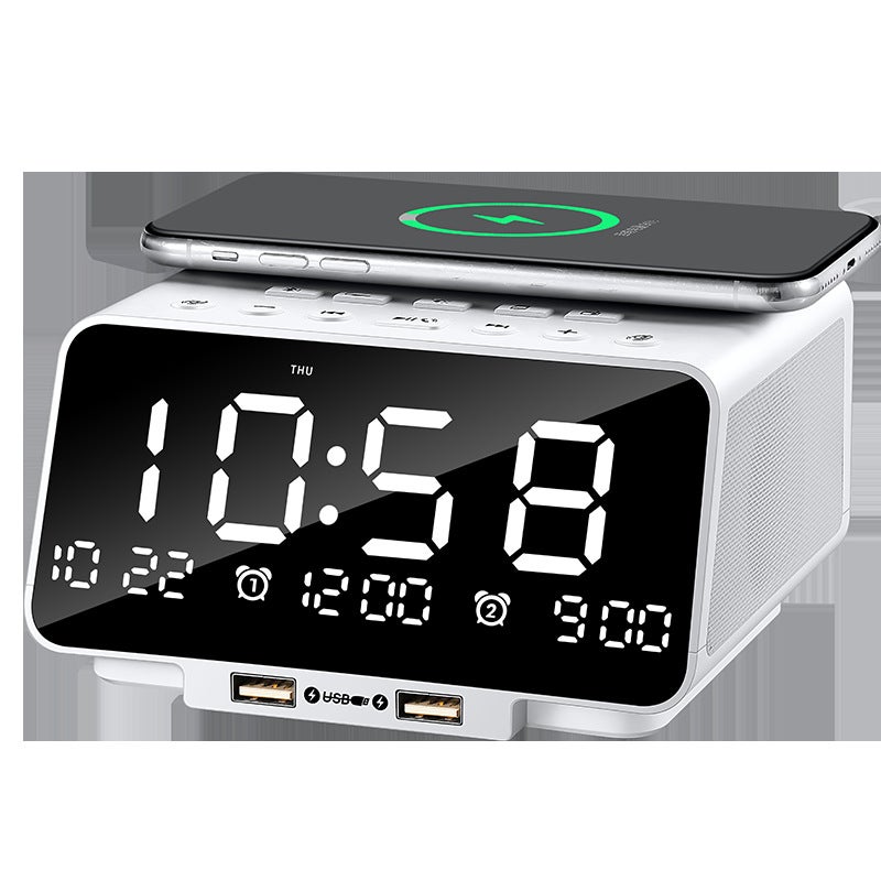 Wireless charging Bluetooth speaker clock TYPE-C charging port radio multifunctional new hotel bedside alarm clock stereo White