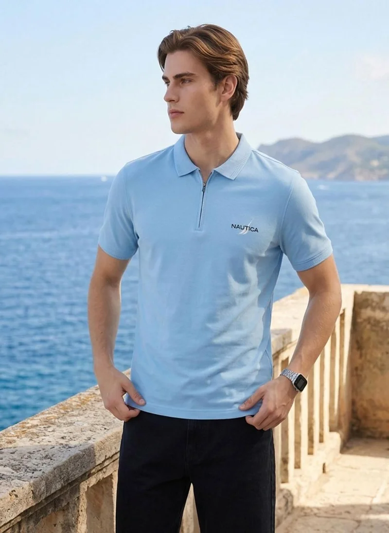 نوتيكا Men Light Blue Half Zip Polo T-Shirt