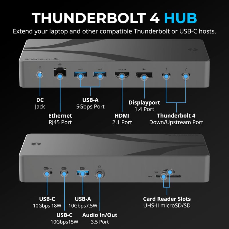 SABRENT Thunderbolt 4 Docking Station, TB4 Ports, 8K/4K, USB4 & TB3 Compatible, DP 1.4, HDMI 2.1, USB-C/USB-A Ports, Gigabit Ethernet, Audio Jack, SD/TF Card Reader, Windows/macOS/Linux (DS-T4MF) - Image 2