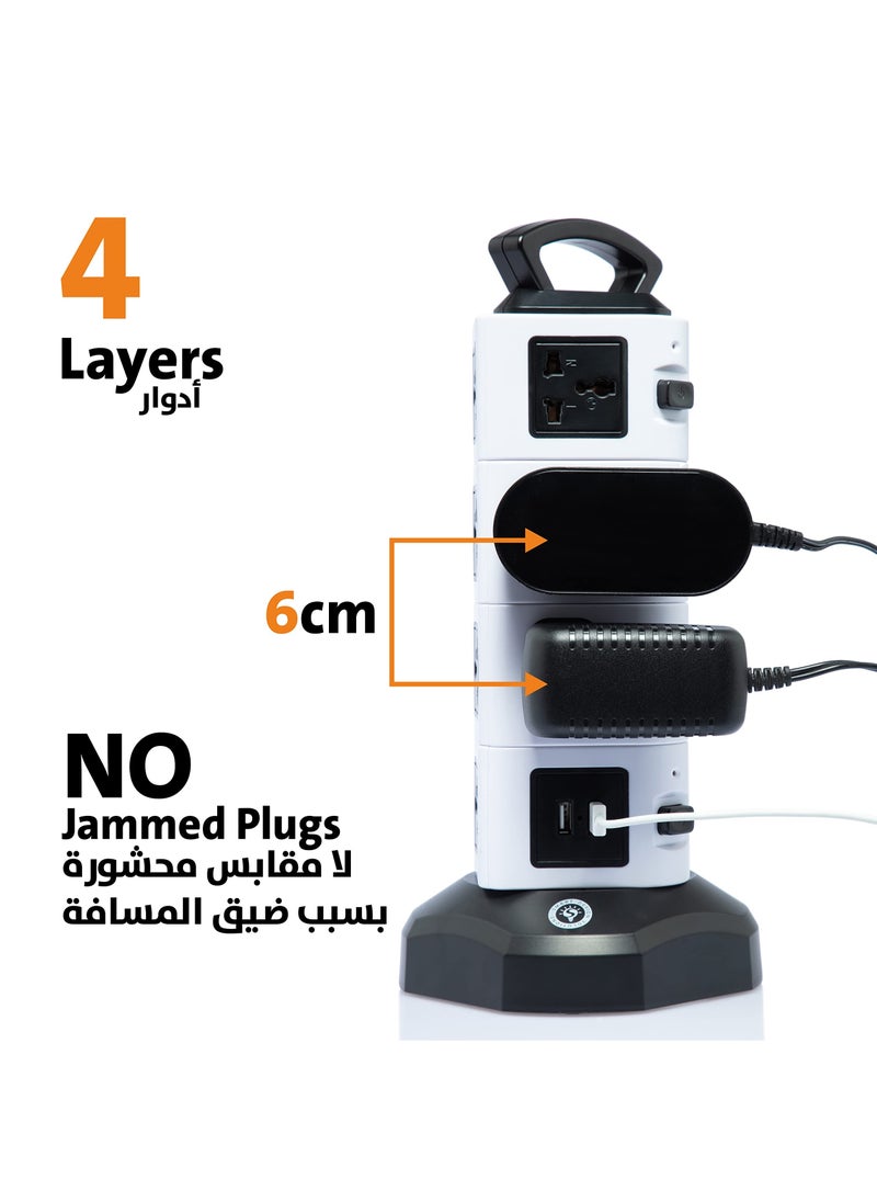 عربست محطة طاقة بسلك تمديد عالمي من تاور، حل توصيلات تمديد الكل في واحد، شريط طاقة USB متعدد المقابس رأسي مع كابل تمديد بطول 2 متر (4 طبقات)  - Image 2