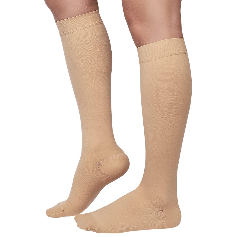 MGANG® 20-30 mmHg Meidcal Compression Socks for Women & Men, Plus Size Extra Wide Calf Knee High Stockings for Circulation Support, Lymphedema, Opaque, Closed Toe, Beige 3X-Large - Image 3