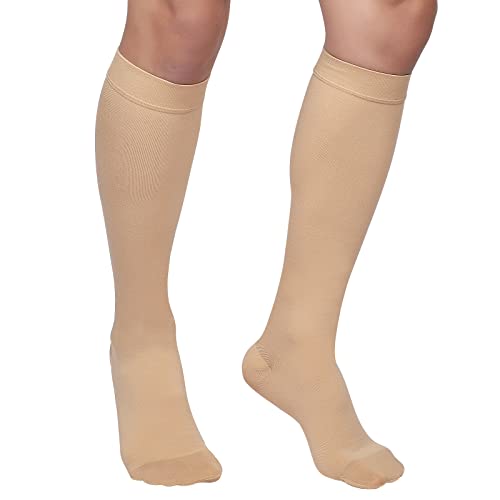 MGANG® 20-30 mmHg Meidcal Compression Socks for Women & Men, Plus Size Extra Wide Calf Knee High Stockings for Circulation Support, Lymphedema, Opaque, Closed Toe, Beige 3X-Large - Image 2