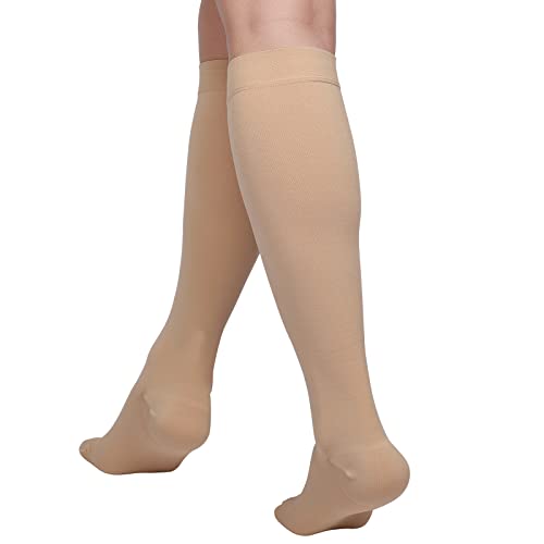 MGANG® 20-30 mmHg Meidcal Compression Socks for Women & Men, Plus Size Extra Wide Calf Knee High Stockings for Circulation Support, Lymphedema, Opaque, Closed Toe, Beige 3X-Large - Image 5