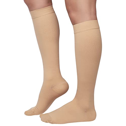MGANG® 20-30 mmHg Meidcal Compression Socks for Women & Men, Plus Size Extra Wide Calf Knee High Stockings for Circulation Support, Lymphedema, Opaque, Closed Toe, Beige 3X-Large - Image 1