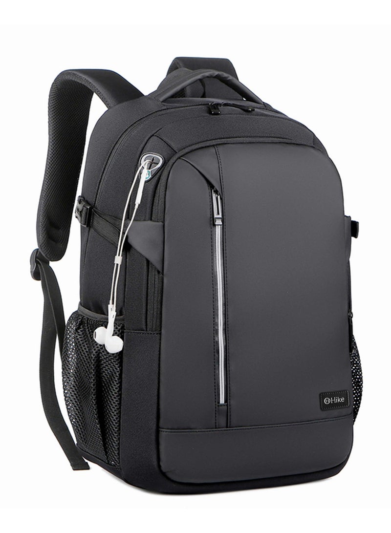 هايك Durable Unisex Laptop Backpack Water Resistant Shoulder Daypack with Built in USB port and Headphone Jack for Travel/Business/College/ School, HKY2219 - Black - Image 4