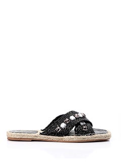 DejaVu Cross Strapped Straw Slippers With Decorative Studs  - Image 1