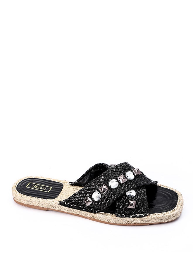 DejaVu Cross Strapped Straw Slippers With Decorative Studs  - Image 2