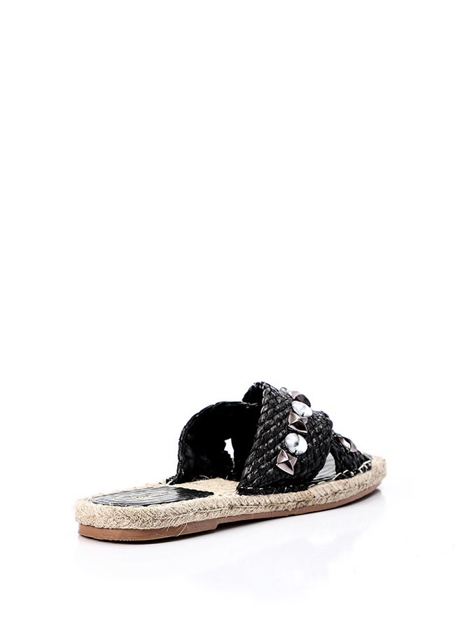 DejaVu Cross Strapped Straw Slippers With Decorative Studs  - Image 3
