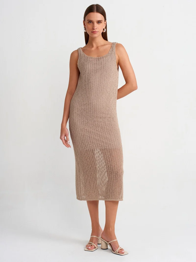 Dilvin 90206 Hanging Openwork Lined Knitwear Dress-Beige