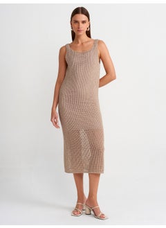 Dilvin 90206 Hanging Openwork Lined Knitwear Dress-Beige  - Image 3