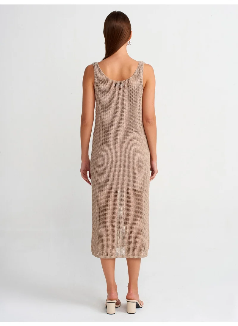 Dilvin 90206 Hanging Openwork Lined Knitwear Dress-Beige