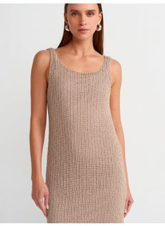 Dilvin 90206 Hanging Openwork Lined Knitwear Dress-Beige  - Image 4