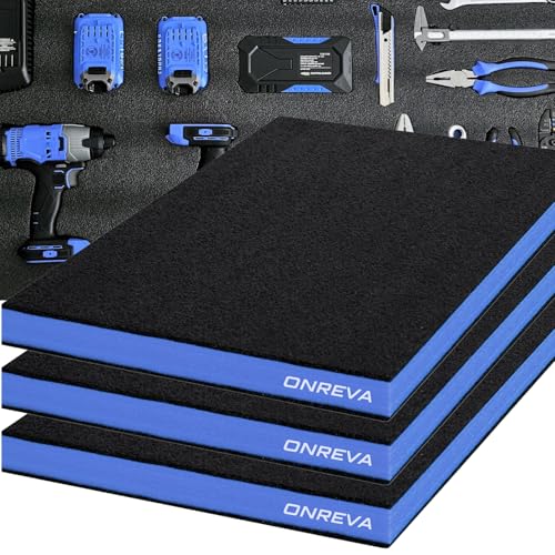 ONREVA Tool Box Foam 16x12x2 inch 3Pack, Foam Inserts for Cases, Polyethylene Storage Sheets for Toolbox Hard Case, Tool Shadow Insert, Kaizen Organizer Sheet, Black with Blue - Image 1