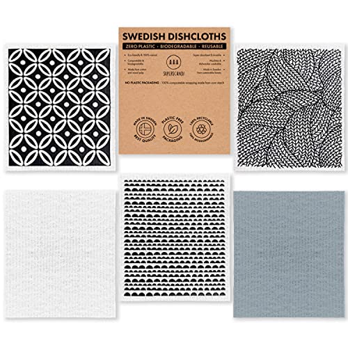 SUPERSCANDI 5 Pack Swedish Dishcloths for Kitchen  100 Biodegradable  Compostable Reusable Paper Towels Washable FoodSafe  Without Plastic  Dish Rags Suitable for Any Surface Scandi White