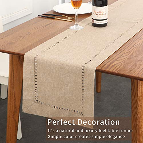 Tosewever Decorative Hemstitch Linen Table Runner Farmhouse Style Tabletop Collection Handcrafted Table Runners for Everyday Dining Wedding Party Holiday Home Decor (14 x 72 Inches, Light Coffee) - Image 3