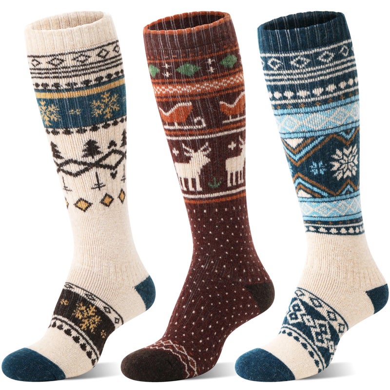 Welwoos Merino Wool Ski Socks for Womens Mens Thermal Winter Warm Thick Knee High Gift Sock Stocking Stuffers for Skiing Outdoor Sports Snowboarding 3 Pairs(Nordic,L) - Image 1