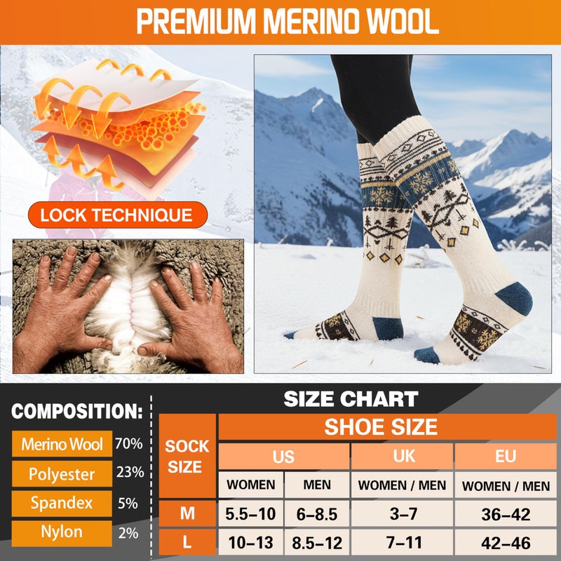 Welwoos Merino Wool Ski Socks for Womens Mens Thermal Winter Warm Thick Knee High Gift Sock Stocking Stuffers for Skiing Outdoor Sports Snowboarding 3 Pairs(Nordic,L) - Image 5