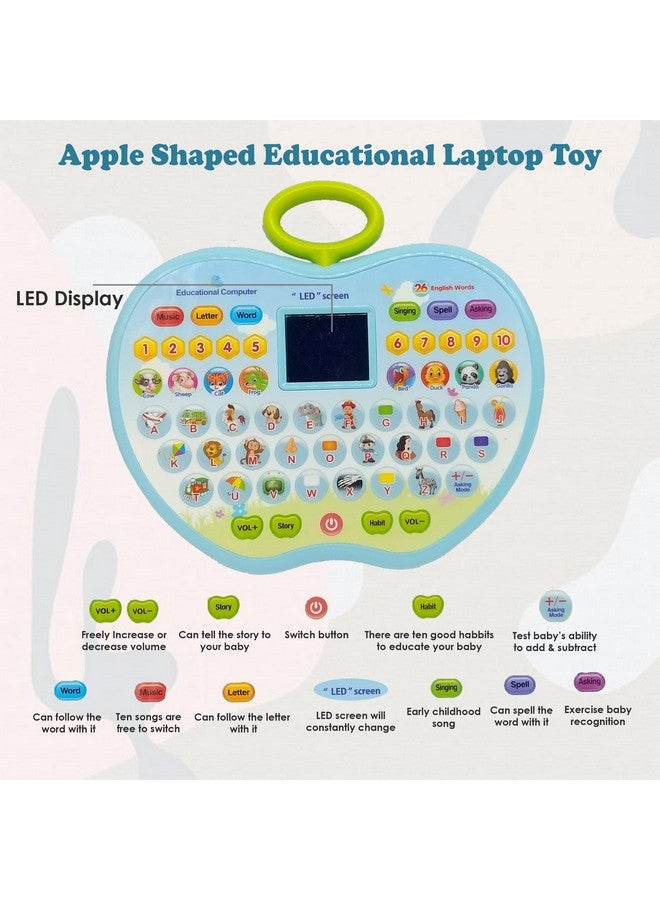 vGRASSP VGRASSP Apple Shape Educational Mini Computer Laptop Toy for Kids LED Display and Fun Music for Learning Alphabets Numbers Words and Animals (Blue)  - Image 2