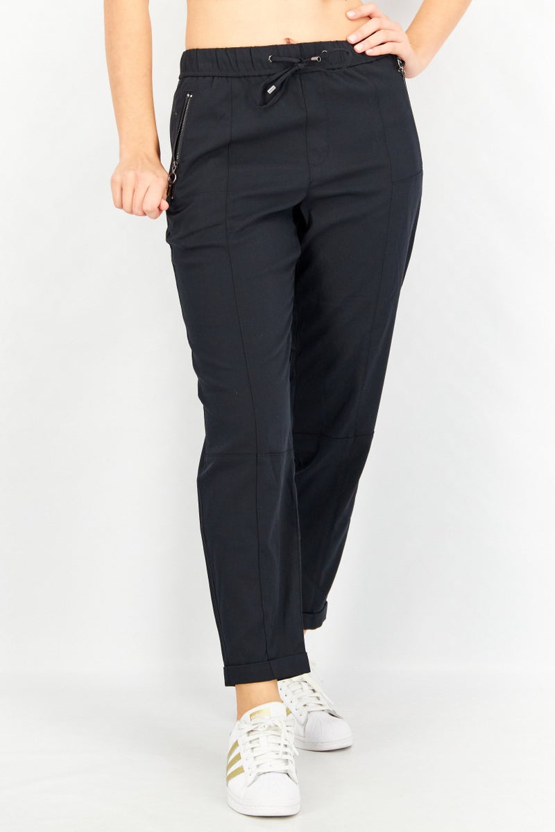 ESPRIT Women Drawstring Solid Pants, Black - Image 1