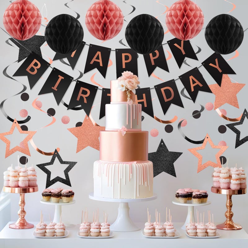 meowtastic Birthday Decorations, Happy Birthday Banner with Honeycomb Ball, Star Hanging Swirl Streamer, Circle Dot Garland, Happy Birthday Party Decoration for Women Men Boy Girl (Rose Gold & Black) - Image 2