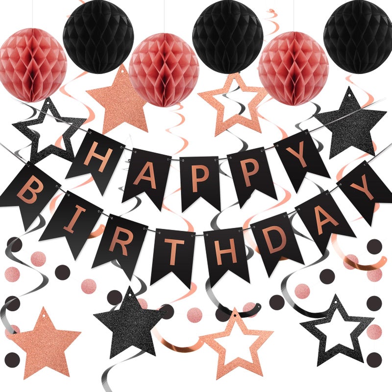 meowtastic Birthday Decorations, Happy Birthday Banner with Honeycomb Ball, Star Hanging Swirl Streamer, Circle Dot Garland, Happy Birthday Party Decoration for Women Men Boy Girl (Rose Gold & Black) - Image 1